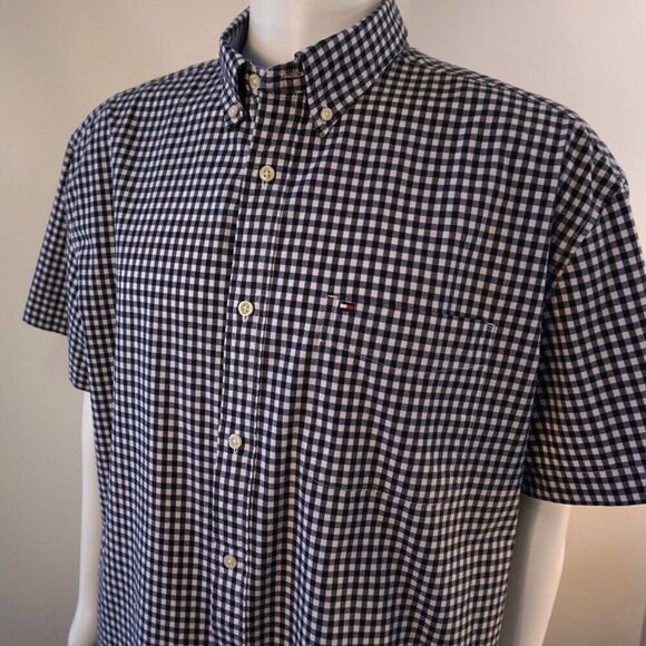 Tommy Hilfiger Mens XL Shirt Gingham Button Down Classic Fit Stretch Short Sleev - Picture 1 of 9